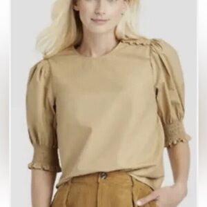 Who What Wear Women's Tan Puff Elbow Sleeve Blouse Size Medium